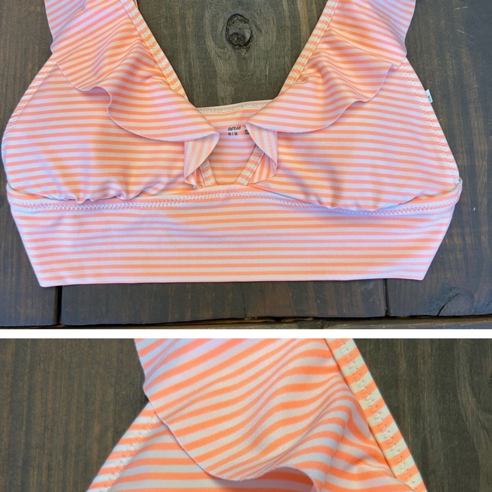 Pink and White Striped Ruffle Bikini Top